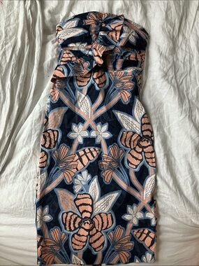 White House Black Market Strapless Navy Cream & Peach Floral Midi Sheath Dress